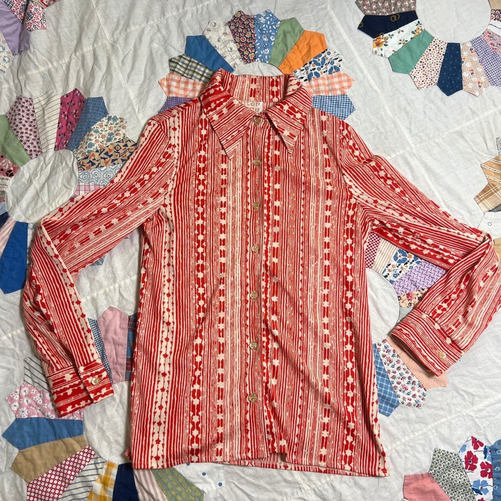 Vintage Center Stage Red Geometric Stripe Button Down Blouse with Tie 70s Disco